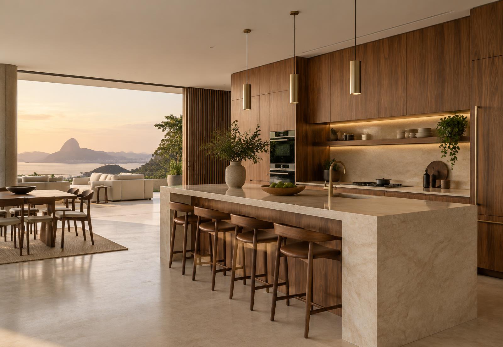 Cozinha planejada em madeira e pedra natural
